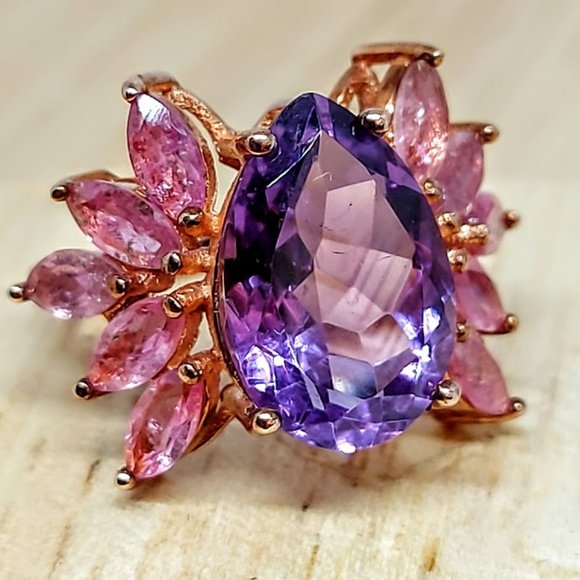Natural Amethyst & Tourmaline Rose Gold on Sterling Silver Earrings & Ring 7.5 - Picture 9 of 15